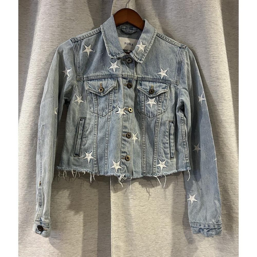 Pistola Women's Blueβ Star Embroidery Raw Hem Button Front Denim Jacket Size S